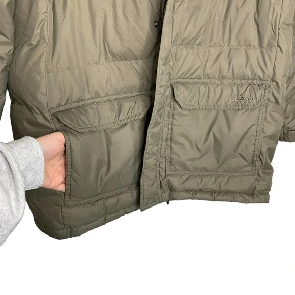 L.L. Bean Goose Down Brown Beige Hooded Puffer Jacket Winter Coat Large - Picture 8 of 9